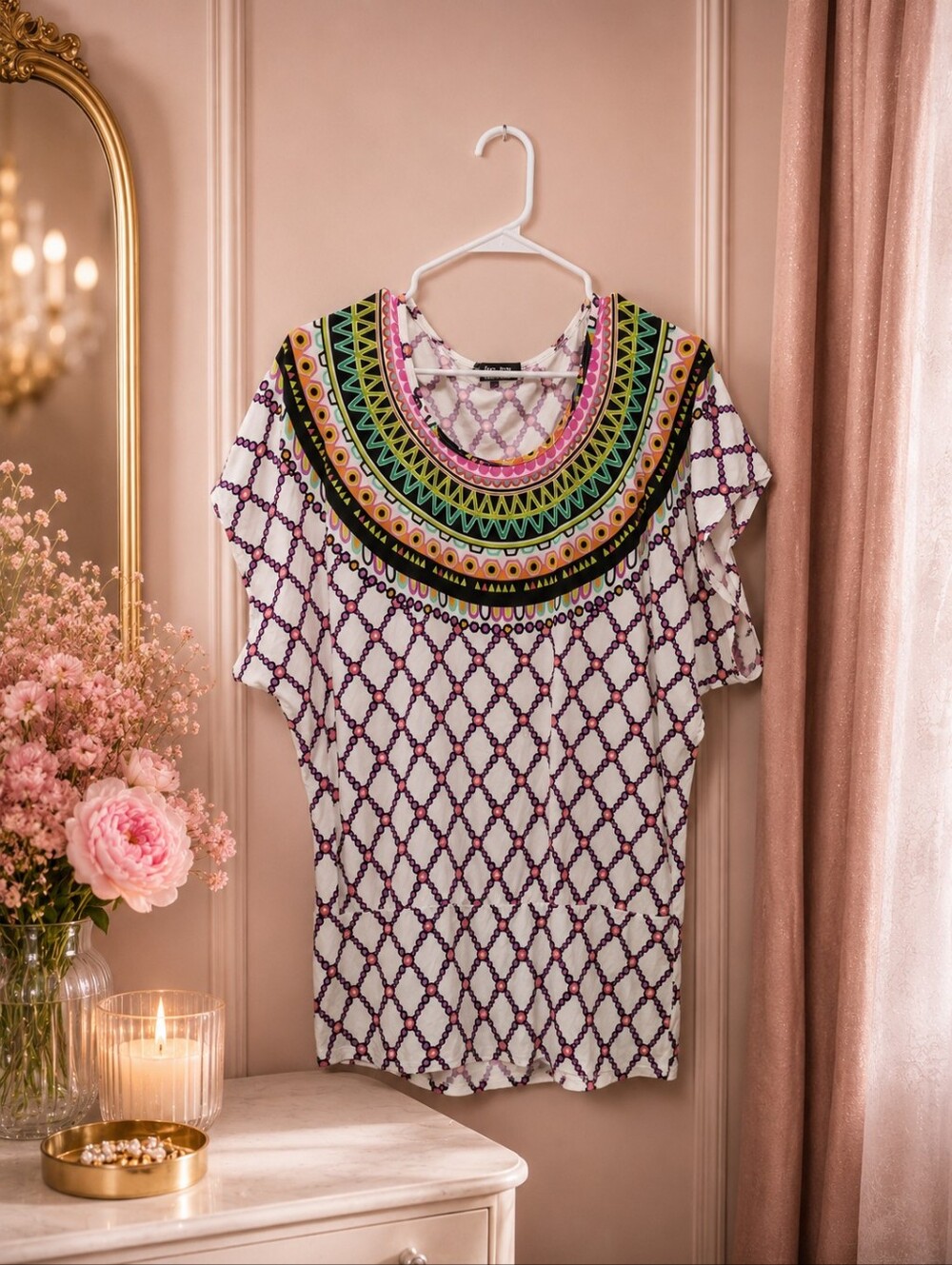 Trina Turk XS White Tunic with Colorful Embroidered Neckline